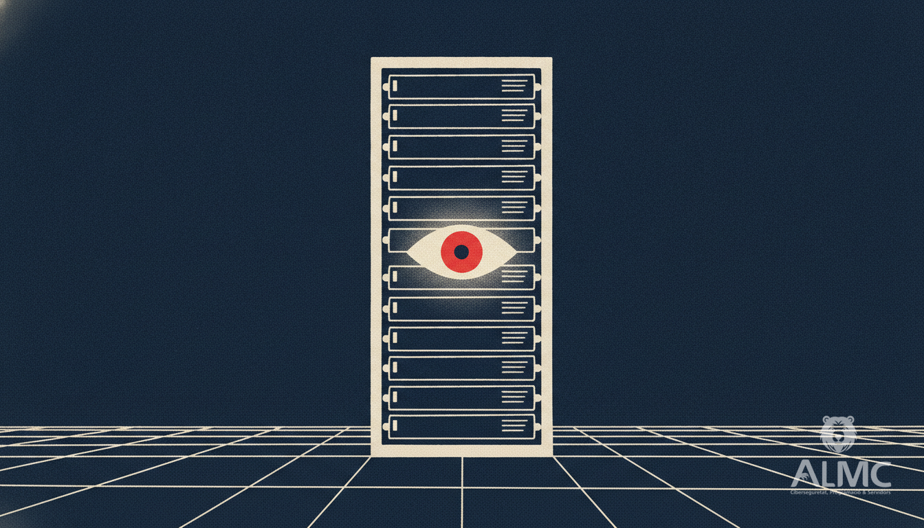 Servidor con símbolo de ojo brillante en un centro de datos oscuro