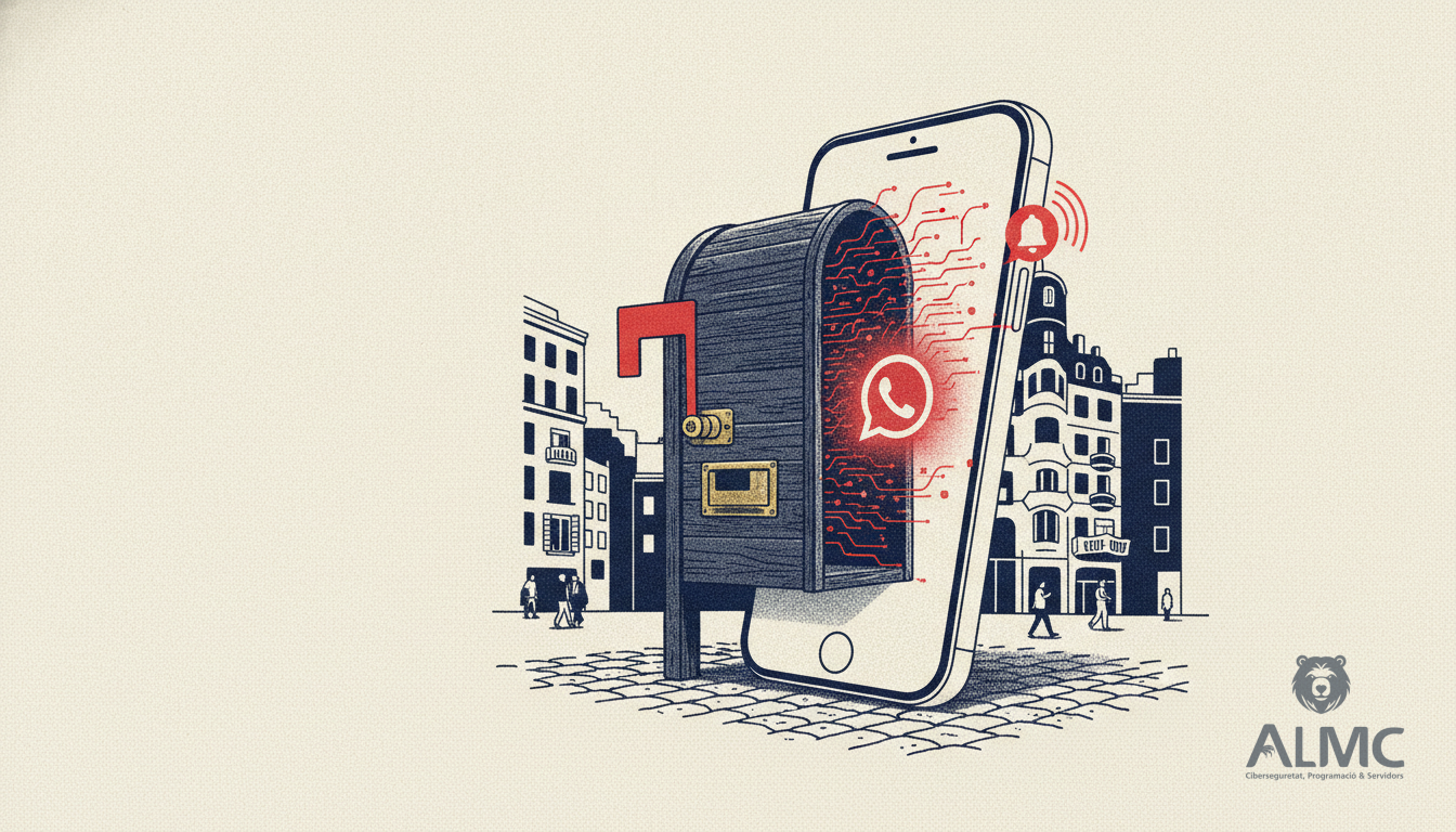 Buzón de correo transformándose en un teléfono móvil con icono de WhatsApp.