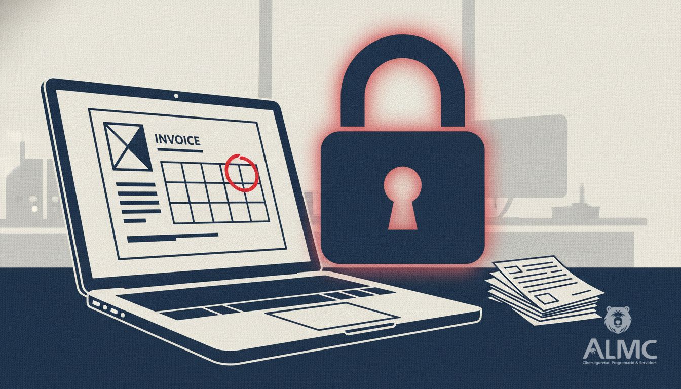 Laptop with invoice software, calendar and padlock representing VeriFactu compliance